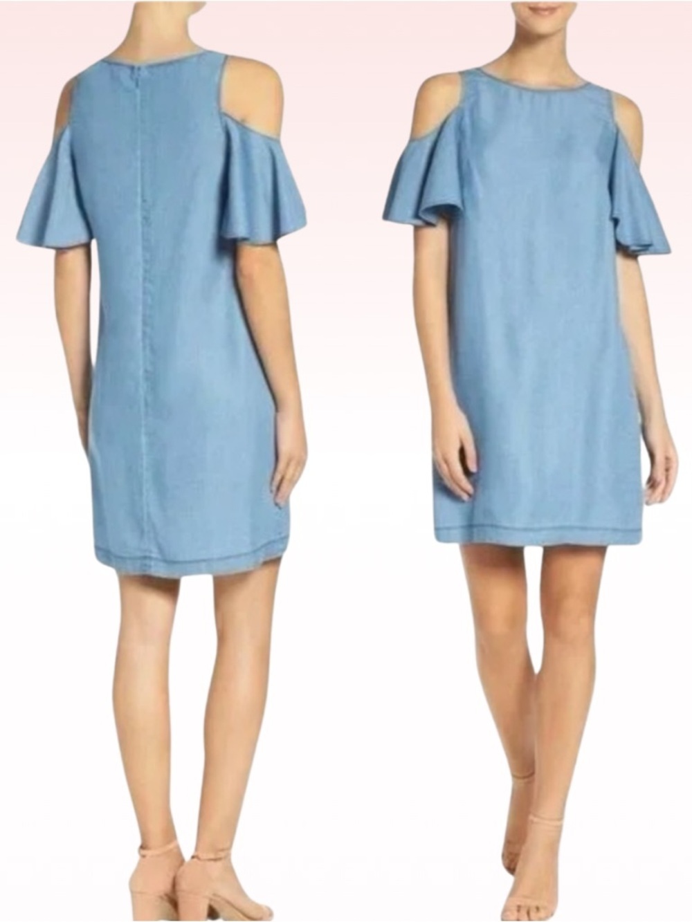 CHELSEA 28 Blue Denim Ruffle Cold Shoulder Dress (Sz 8)